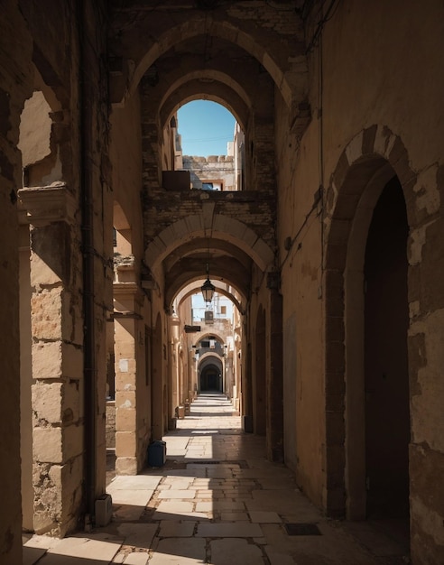 Long corridor of ancient and old prison with stone walls bars and wooden doors and windows