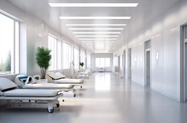 long corridor in hospital with chairs