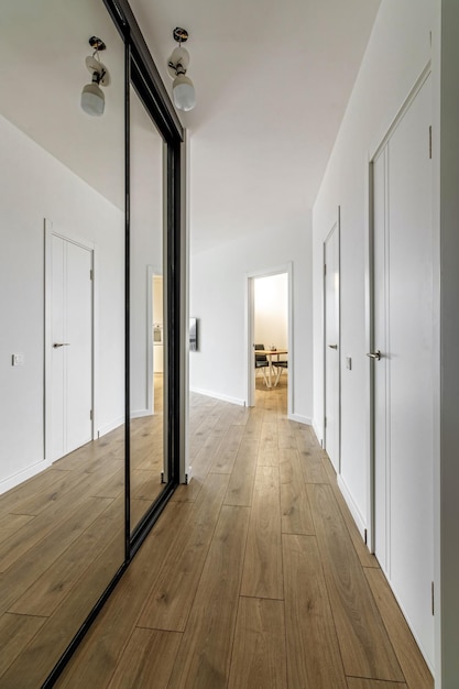 Long corridor in interior of entrance hall of modern apartments with doors cabinets shelves and a mirror