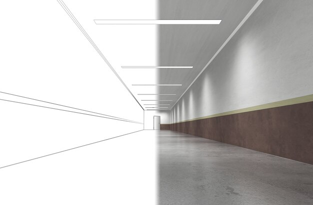 long corridor interior visualization 3D illustration