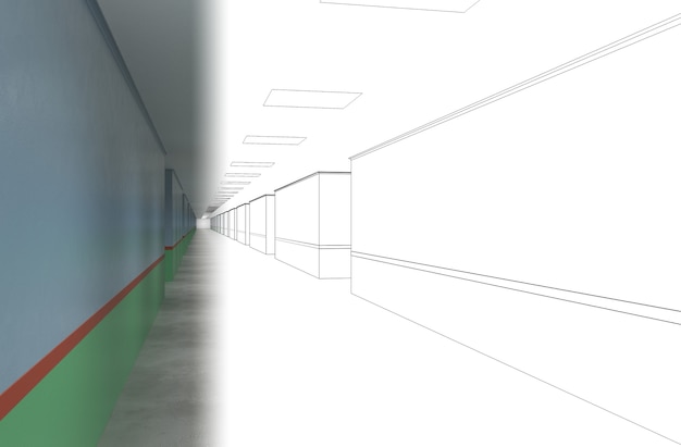 long corridor interior visualization 3D illustration