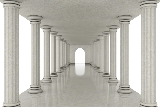 白い背景の上の古典的な柱の間の長い廊下トンネル。 3Dレンダリング