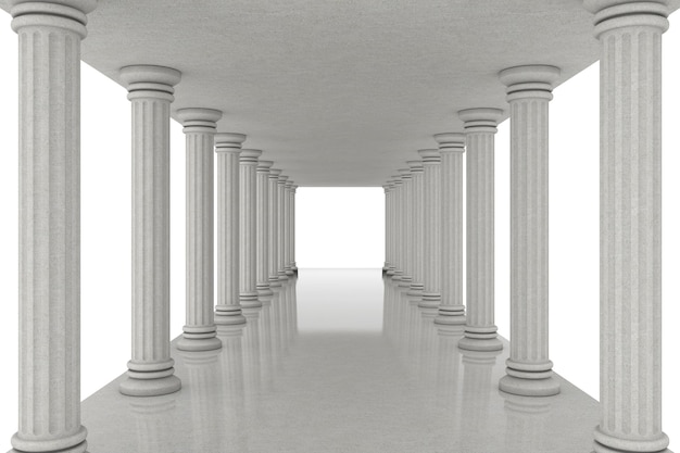 Long Corridor Tunnel Between Classic Columns on a white background. 3d Rendering