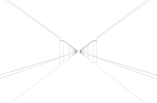 Lungo corridoio con contorno di porte di visualizzazione 3d illustrazione schizzo contorno