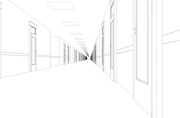 Long corridor with doors contour visualization 3D illustration sketch outline