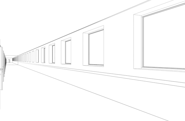 long corridor with doors contour visualization 3D illustration sketch outline