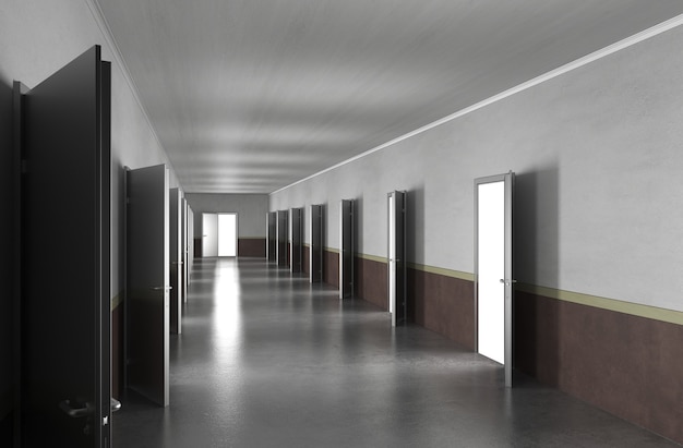 Photo long corridor with doors interior visualization 3d illustration