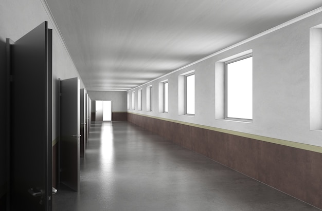 long corridor with doors interior visualization 3D illustration