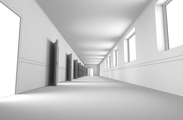 Photo long corridor with doors interior visualization 3d illustration