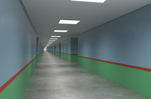 long corridor with doors interior visualization 3D illustration