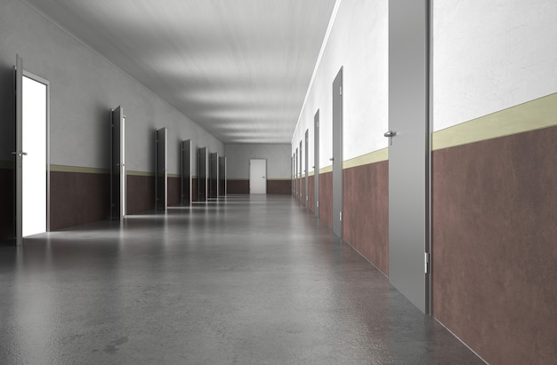 long corridor with doors interior visualization 3D illustration