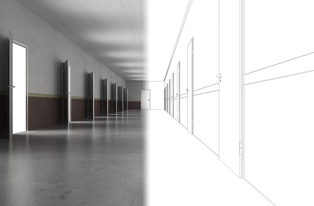 long corridor with doors interior visualization 3D illustration