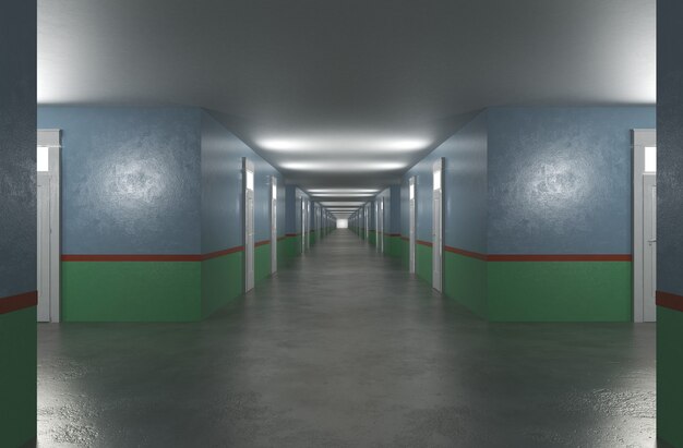 long corridor with doors interior visualization 3D illustration