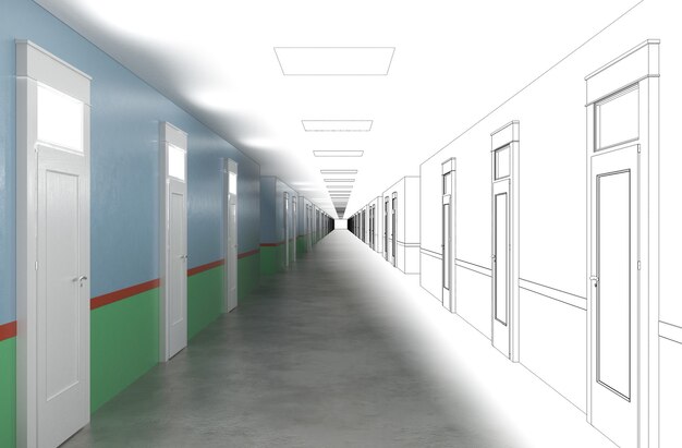 long corridor with doors interior visualization 3D illustration