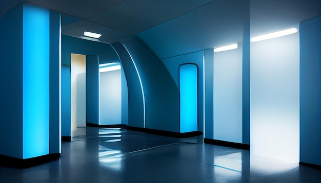 длинный коридор с легким свечением, созданный Ай в футуристическом стиле.