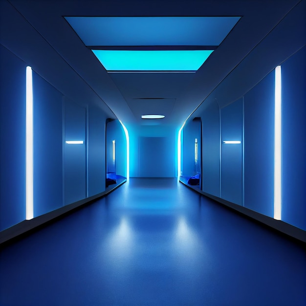 Photo the long corridor with light glow, futuristic style ai generated.