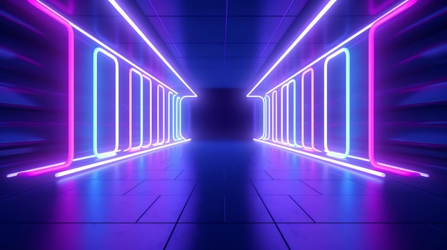 A long corridor with neon lights on the walls