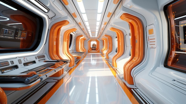 A long corridor with orange and white walls