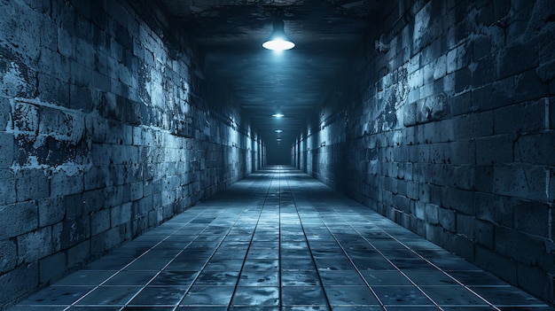 Photo long dark hallway with stone walls and floor accentuated by hanging lights that cast long shadows