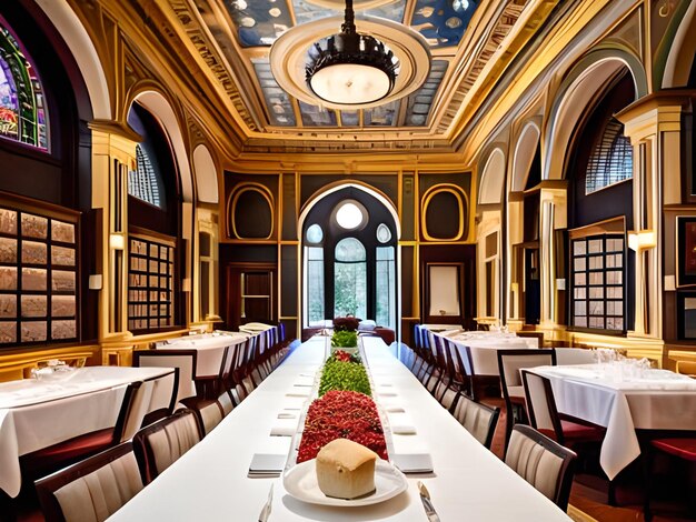 A long dining room with a table with a loaf of bread on it.