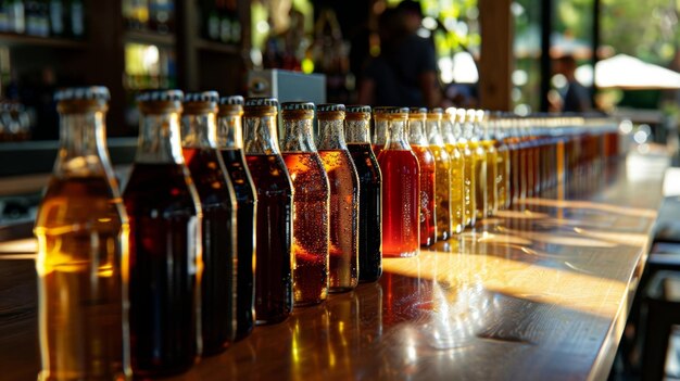 A long dining table lined with various flavors of artisanal craft sodas