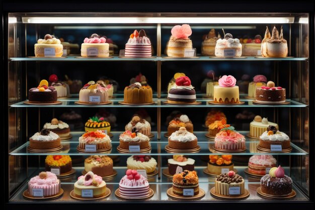 a long display of cakes in a glass cabinet