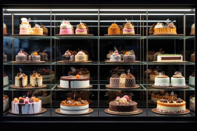 Photo a long display of cakes in a glass cabinet