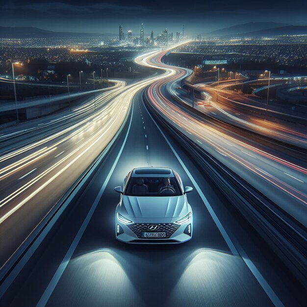 Foto long shot di un drone di un'auto hyundai sonata bianca in velocità 3d