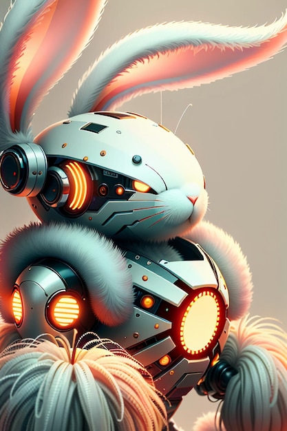 Photo long ears pink rabbit warrior robot cute cartoon future technology wallpaper background