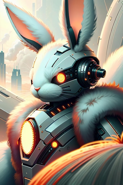 Long Ears Pink Rabbit Warrior Robot Cute Cartoon Future Technology Wallpaper Background