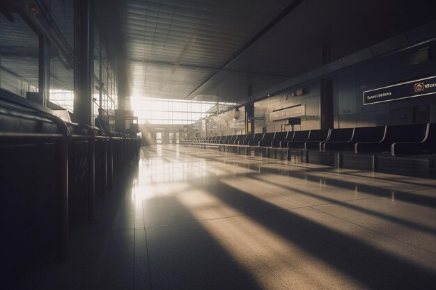 A long empty airport with the sun shining on the floor