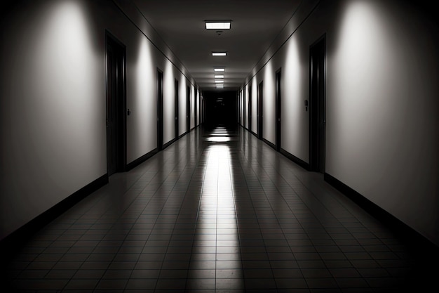 Photo long empty and dark hospital corridor inside building