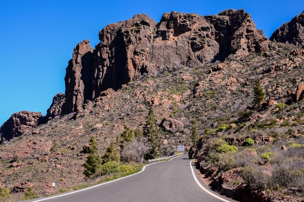 カナリア諸島スペインの長い空の砂漠のアスファルト道路