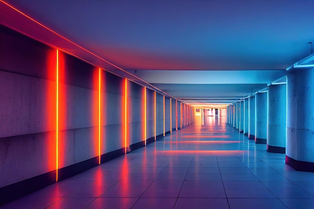 Long empty hallway with columns and neon illumination