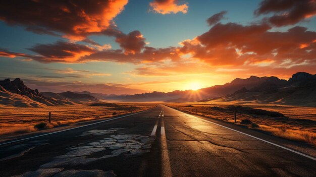 Foto una lunga autostrada vuota con un tramonto sullo sfondo