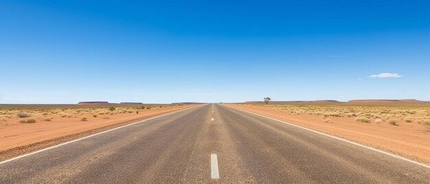 Photo a long empty road with a blue sky and a lone tree in the middle