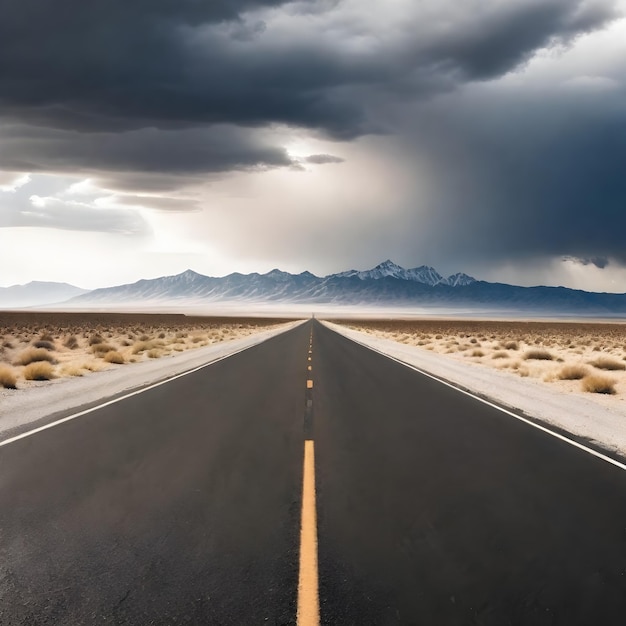 Photo long empty road with dark clouds road alone road