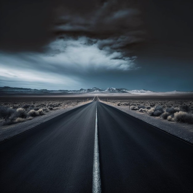 Photo long empty road with dark clouds