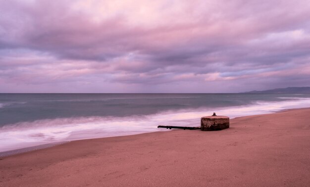 Long exposure of beach in winter at the sunset