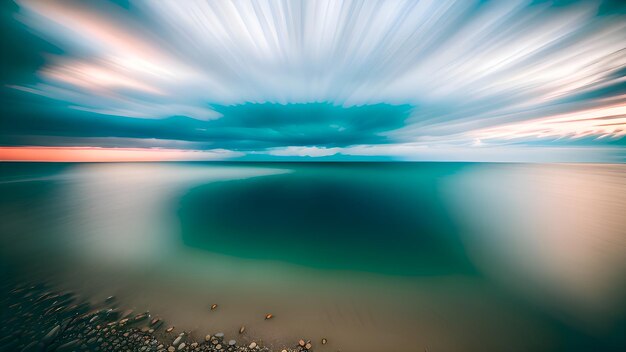 Photo a long exposure of a beach with a cloudy sky and the sun shining through the clouds