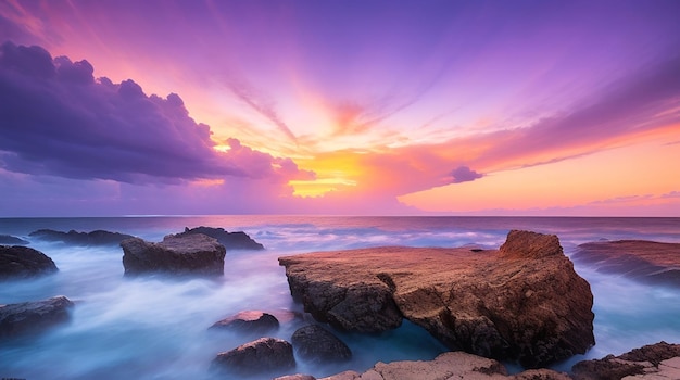 Long exposure beeld van dramatisch hemel zeegebied met rots in zonsondergang landschap achtergrond verbazingwekkend licht