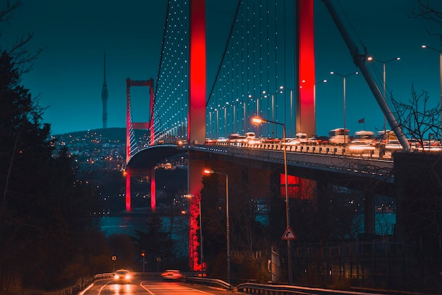 Long exposure bosporus bridge with dramatic moody and trendy colors during twilight