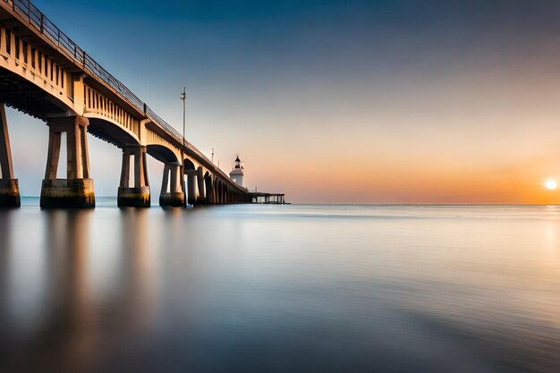 Photo a long exposure of a bridge and the ocean at sunset.