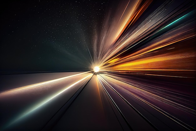 Long exposure of bright light source moving through dark space with streaks of light following