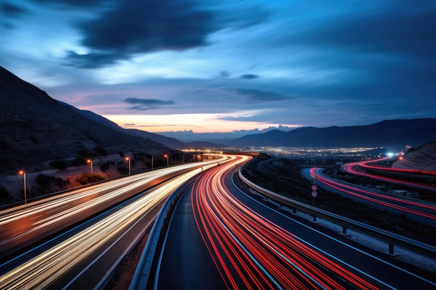 Long exposure of car light trails on the highway at night in Shenzhen China A long exposure photo of a highway at night AI Generated