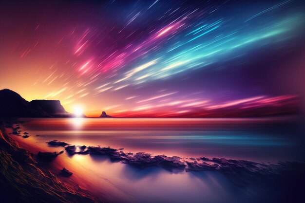 Long exposure effect with vivid twilight sunset sky and motion blur of the sea below