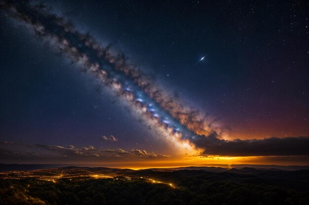 a long exposure of a galaxy with a bright star in the sky above it and a city below it at night time