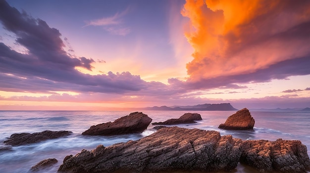Long exposure image of dramatic sky seascape with rock in sunset scenery background amazing light
