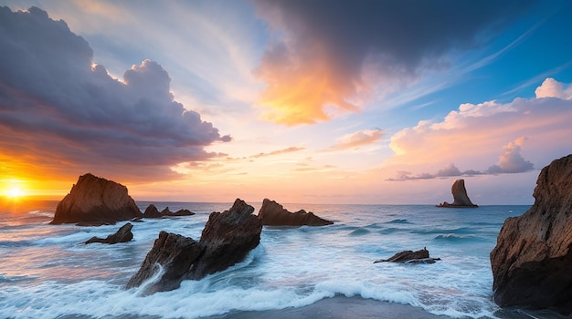 夕暮れの景色の背景に岩とドラマチックな空の海景色の長い曝光画像 驚くべき光