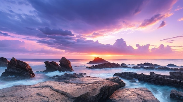 夕暮れの景色の背景に岩とドラマチックな空の海景色の長い曝光画像 驚くべき光